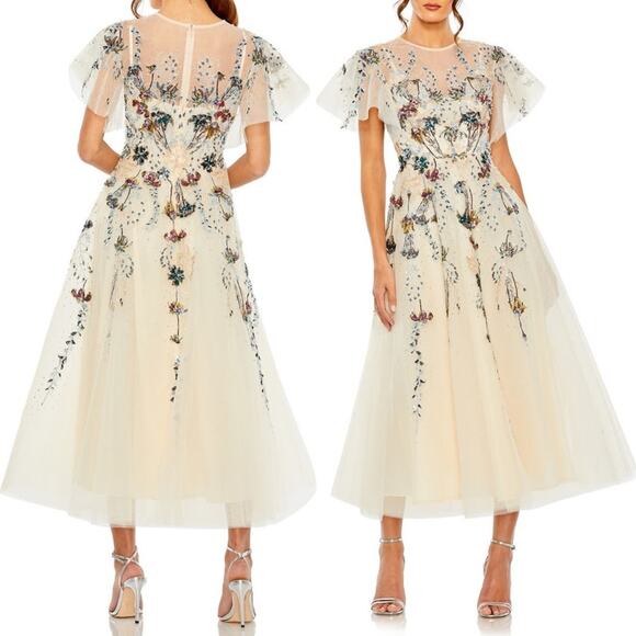 Mac Duggal Beige Flutter Sleeve High Neck Embellished Floral Dress Nude 20510 - Picture 1 of 16